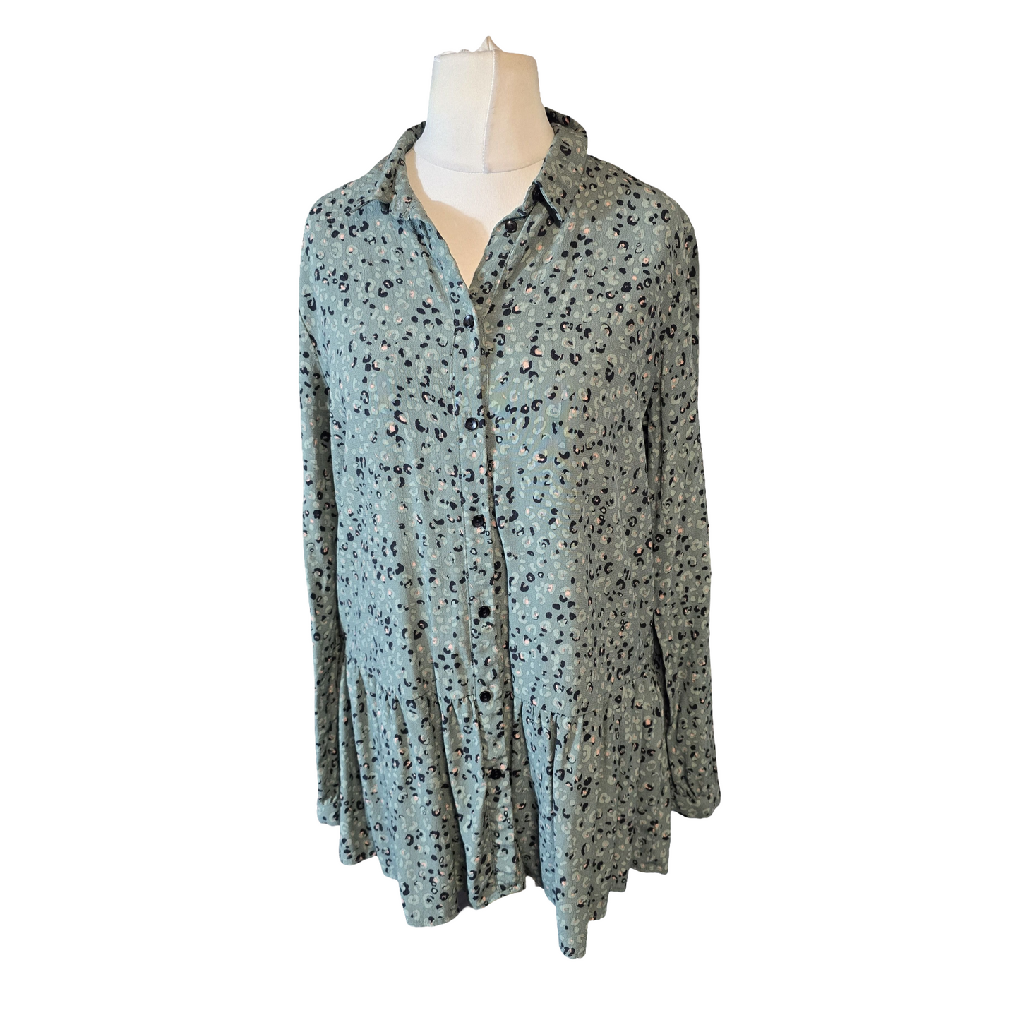 Reserved YFL Khaki Green Animal Print Shirt β Frill Hem β Size 12 β Button Front