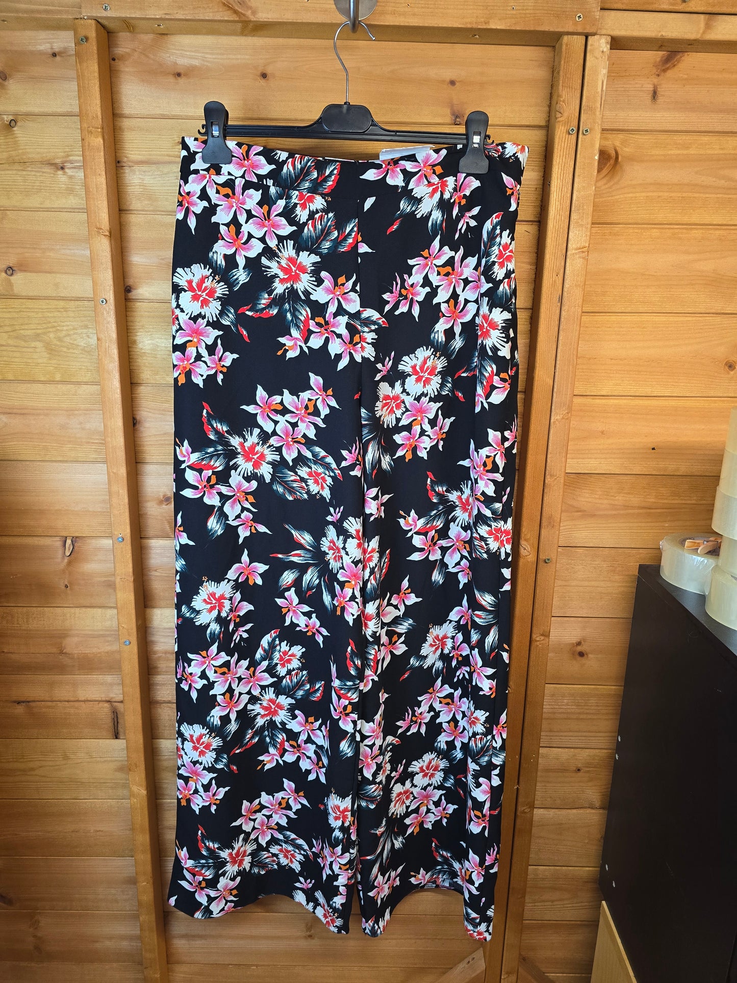 F&F Black Floral Wide Leg Trousers Size 12 β NWT