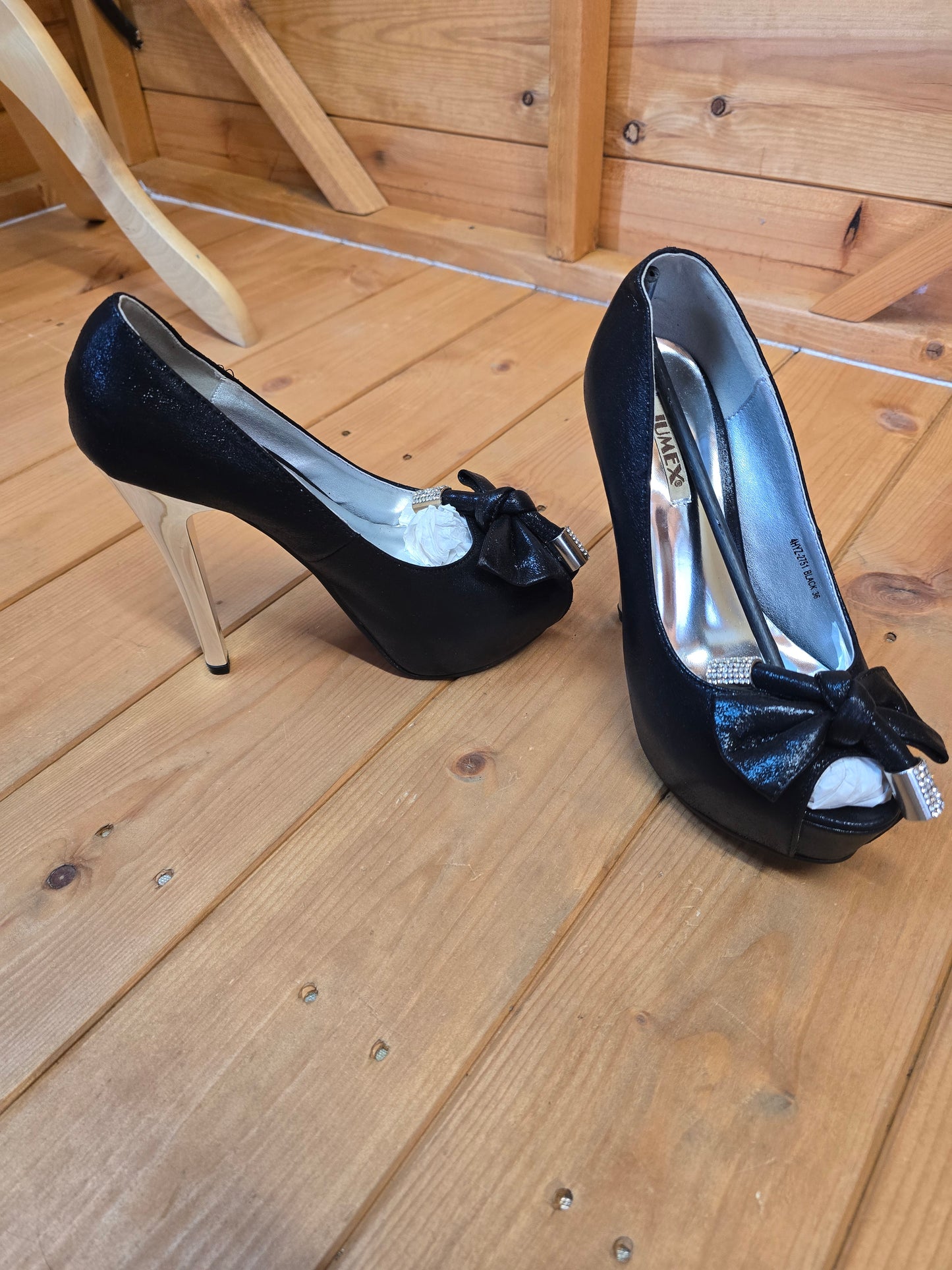 Jumex Black & Silver Gem Bow High Heels – UK Size 3.5 / EU 36, 12cm Heel, New