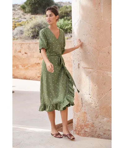 Next Petite Khaki Green Midi Wrap Dress – Size 12P – Linen Blend – NWT RRP £40