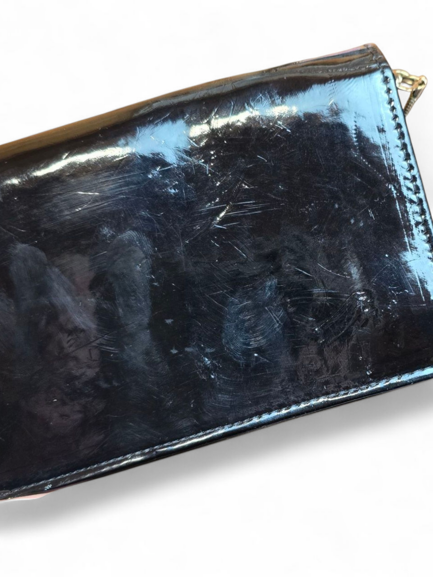 Miss Selfridge Black Patent Clutch – Gold Chain, Removable Strap, Popper Close, 17x11cm