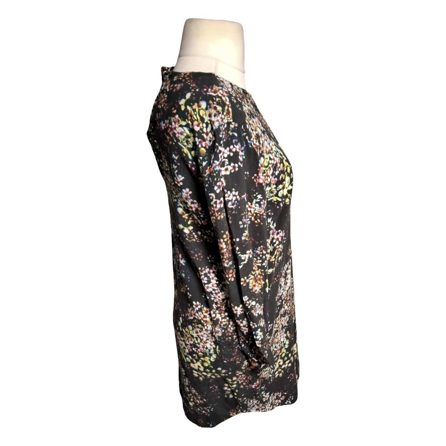 & Other Stories Floral Mini Dress – Size 10 – ¾ Sleeves – Keyhole Back – Black with Colourful Print