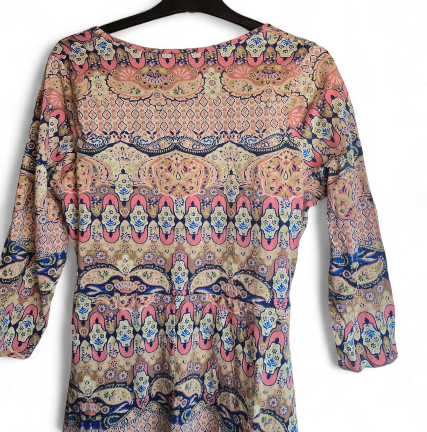 Tu Multicoloured Patterned Belted Dress Size 14 – 3/4 Sleeves, Round Neck, Mini to Knee Length