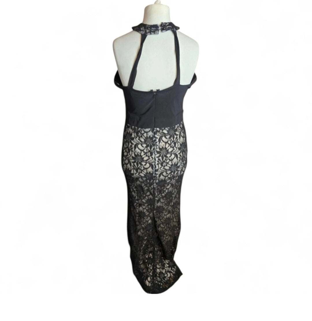 Jane Norman Black Lace Sequin Dress – Size 12, Sleeveless, High Neck, Long A-Line Formal Dress