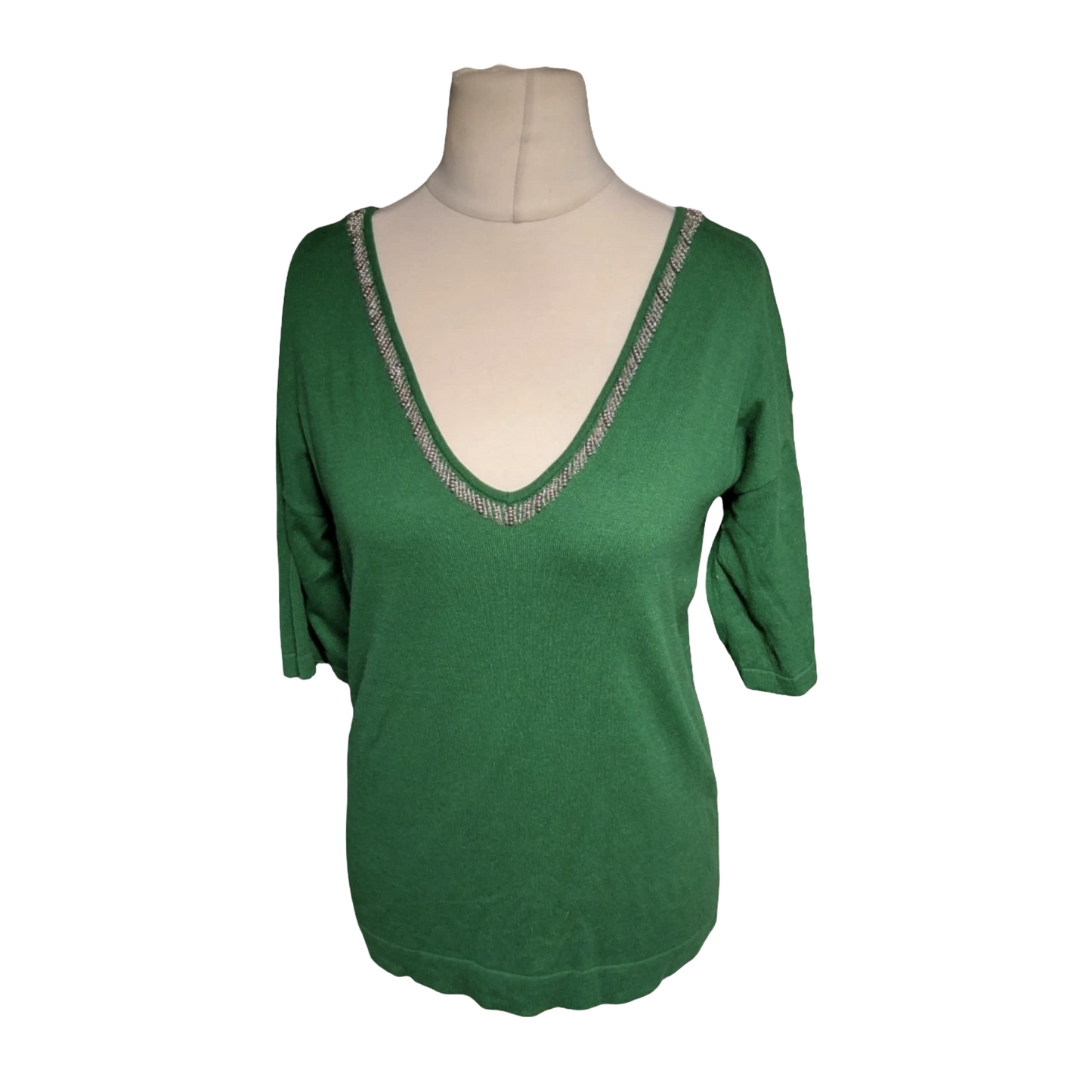 Next Green Embellished V-Neck ¾ Sleeve Top – Size 6 (Best for uk size 8)