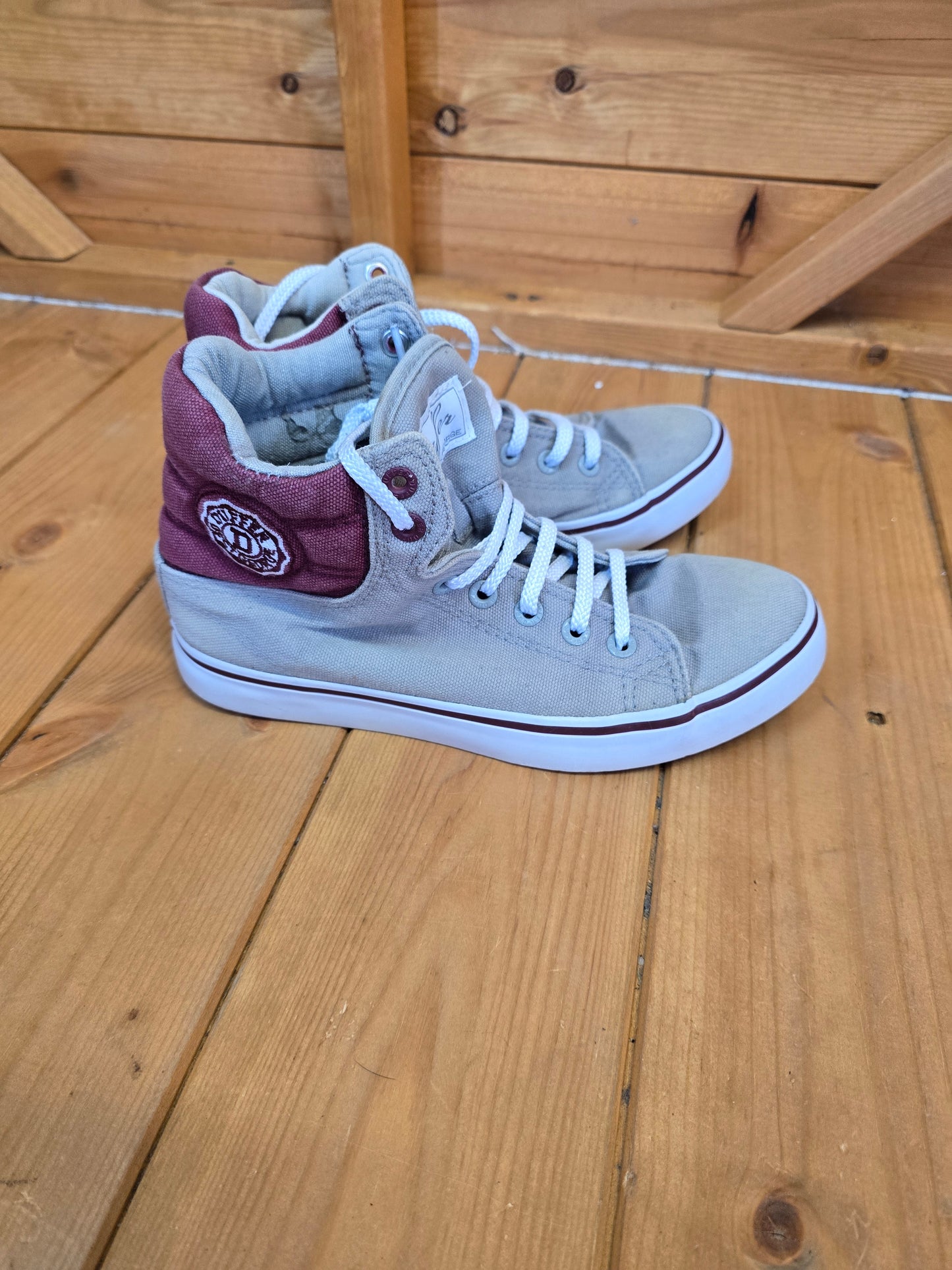 Duffer of St George Burgundy & Grey High-Top Trainers | Unisex | Lace-Up | Size 4