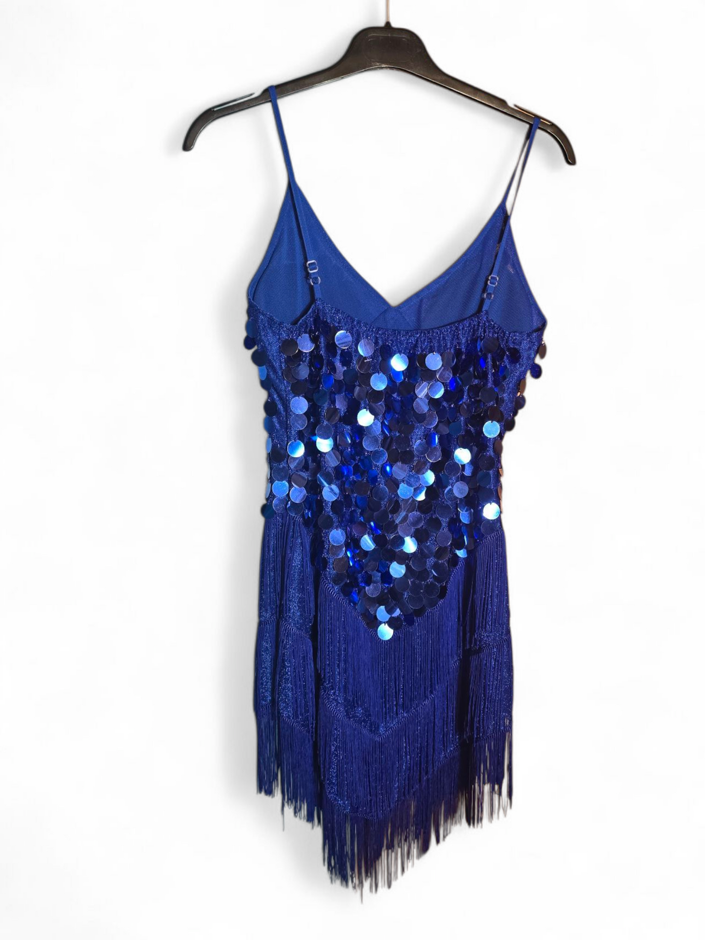 Blue Sequin Glitter 1920s Flapper Dress Tassel Detail Adjustable Straps V-Neck