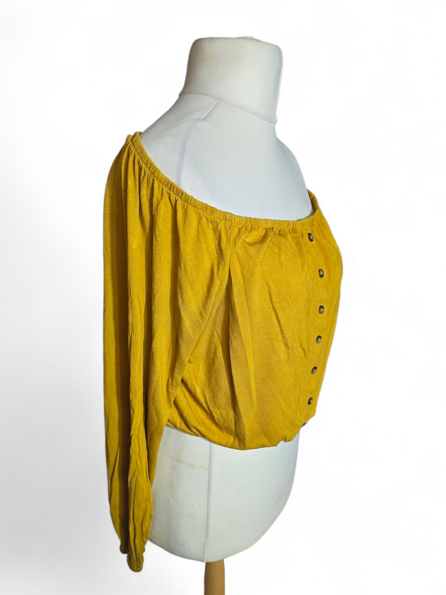 H&M Mustard Yellow Off-the-Shoulder Top Size L (Fits 12/14) – Button Front, Elasticated Waist & Cuffs