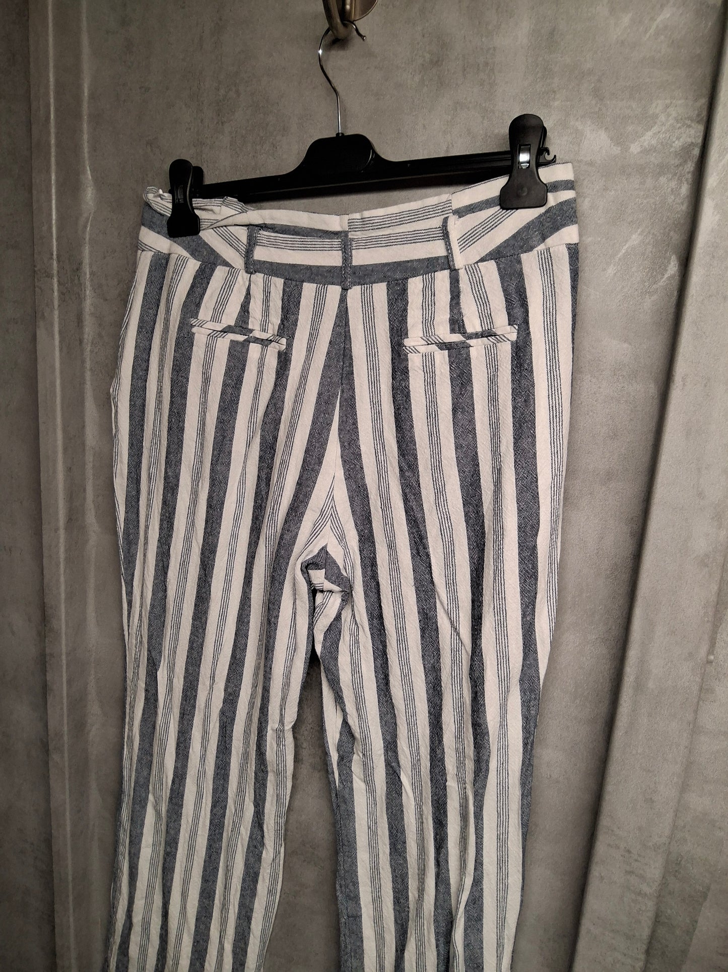 Nutmeg Navy & White Striped Linen-Blend Bootcut Trousers | Size 10