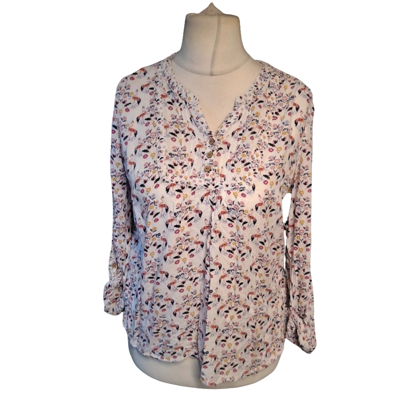 Mantaray White Floral & Flamingo Print Blouse – Size 14 – 100% Viscose