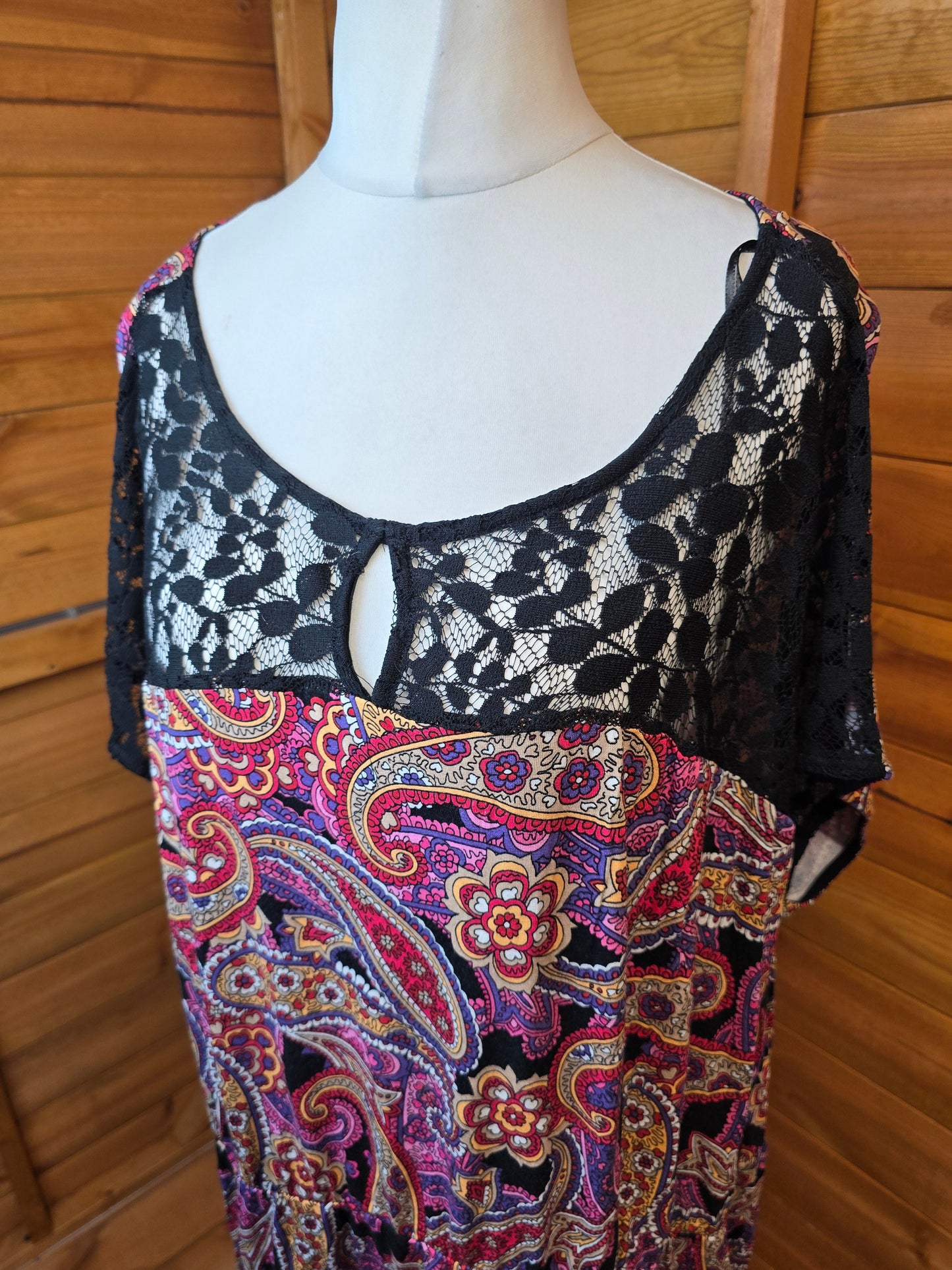 Simply Be Black Multicolour Midi Dress Size 28 – Lace Front, Short Sleeves, Elasticated Waist