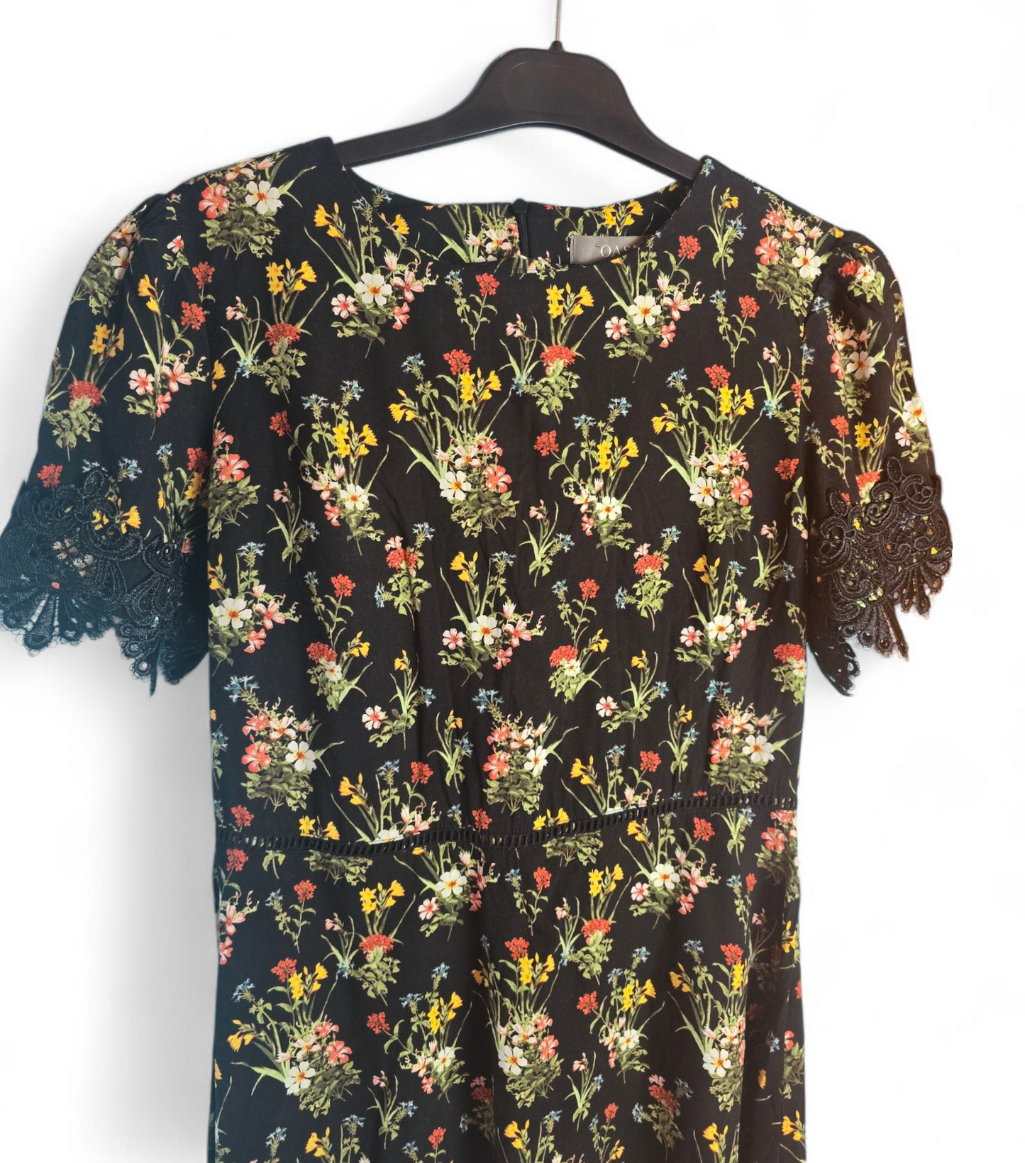 Oasis Black Floral Knee-Length Dress Size 10 – Lace Sleeves, Round Neck, Zip Back, 100% Viscose