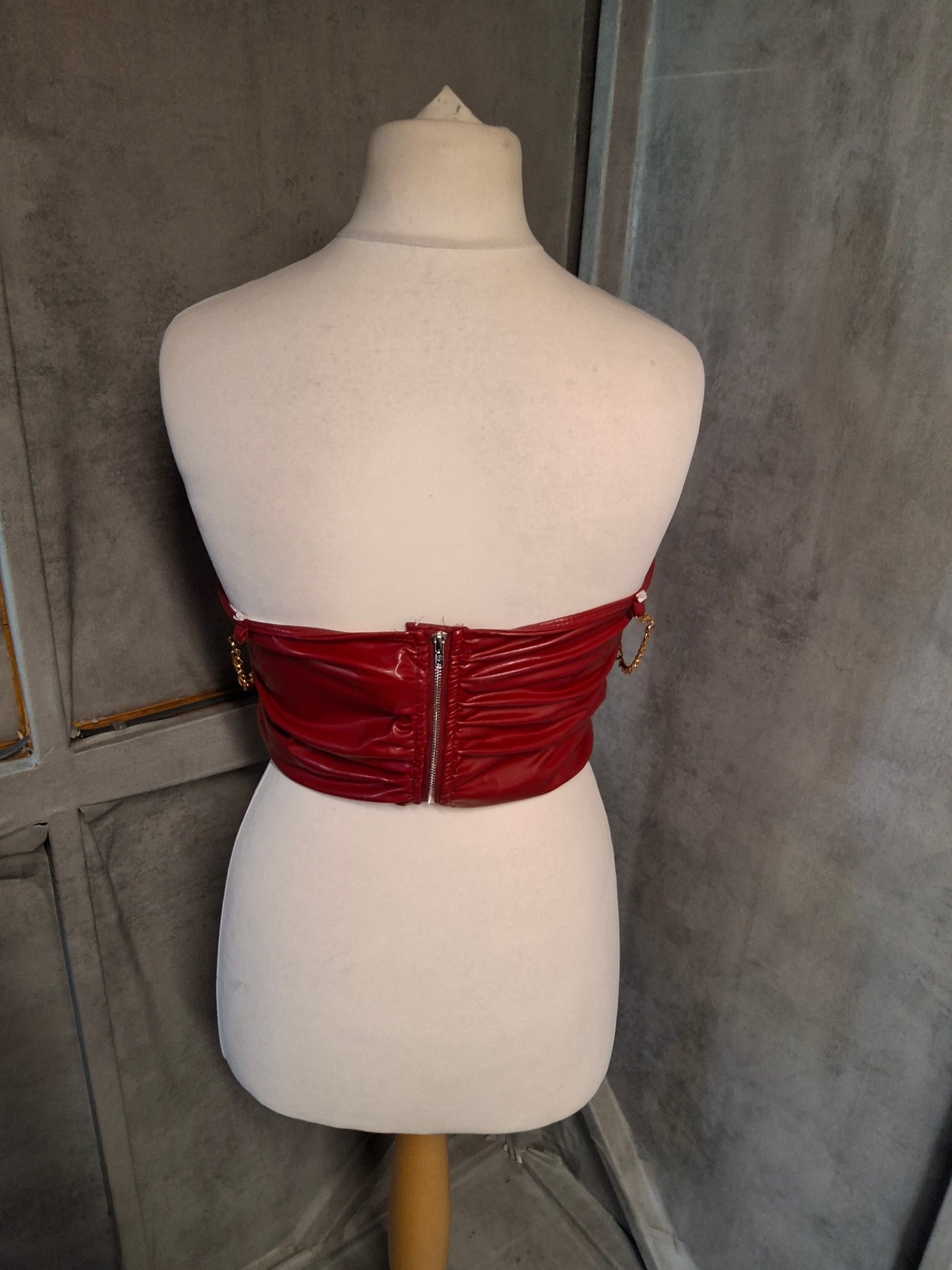 Shein Red Faux Leather Crop Top – Size M (size 10/12) PVC Gold Chain Straps Clubwear