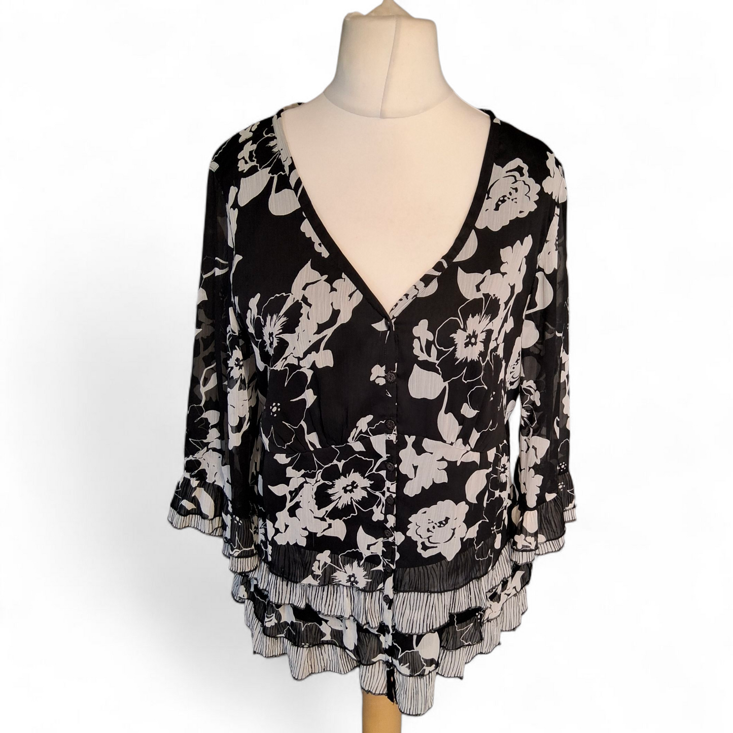 Per Una Black & White Floral Blouse – Size 16 – Sheer Sleeves & Frill Detail