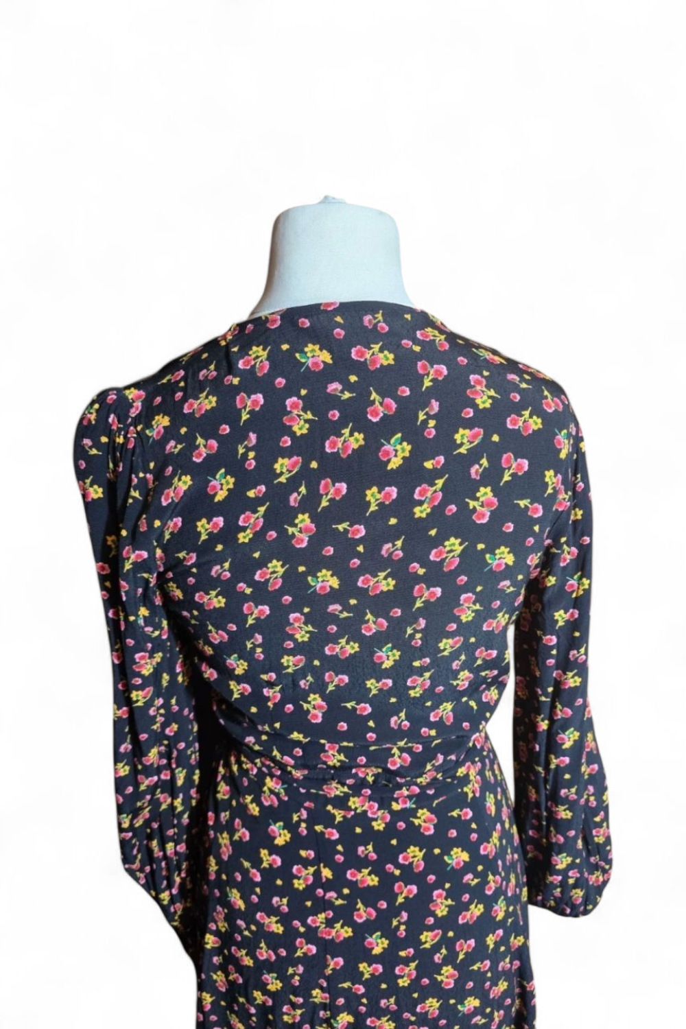 M&S Ghost Black Floral Wrap Midi Dress Size 8 – Long Sleeves, V-Neck, Elegant & Flattering