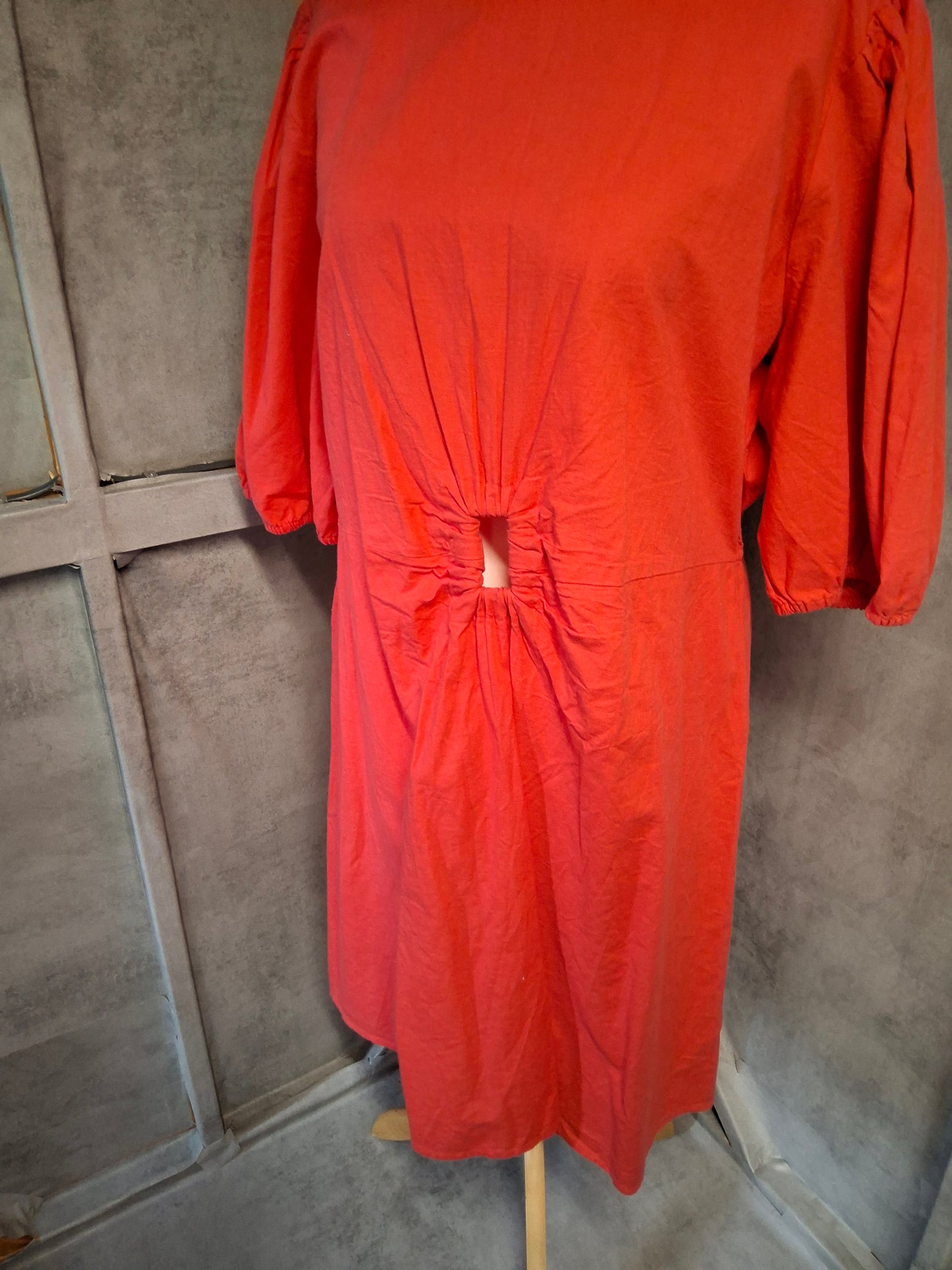 Primark Red Linen Blend Puff Sleeve Cut-Out Dress – Size 20