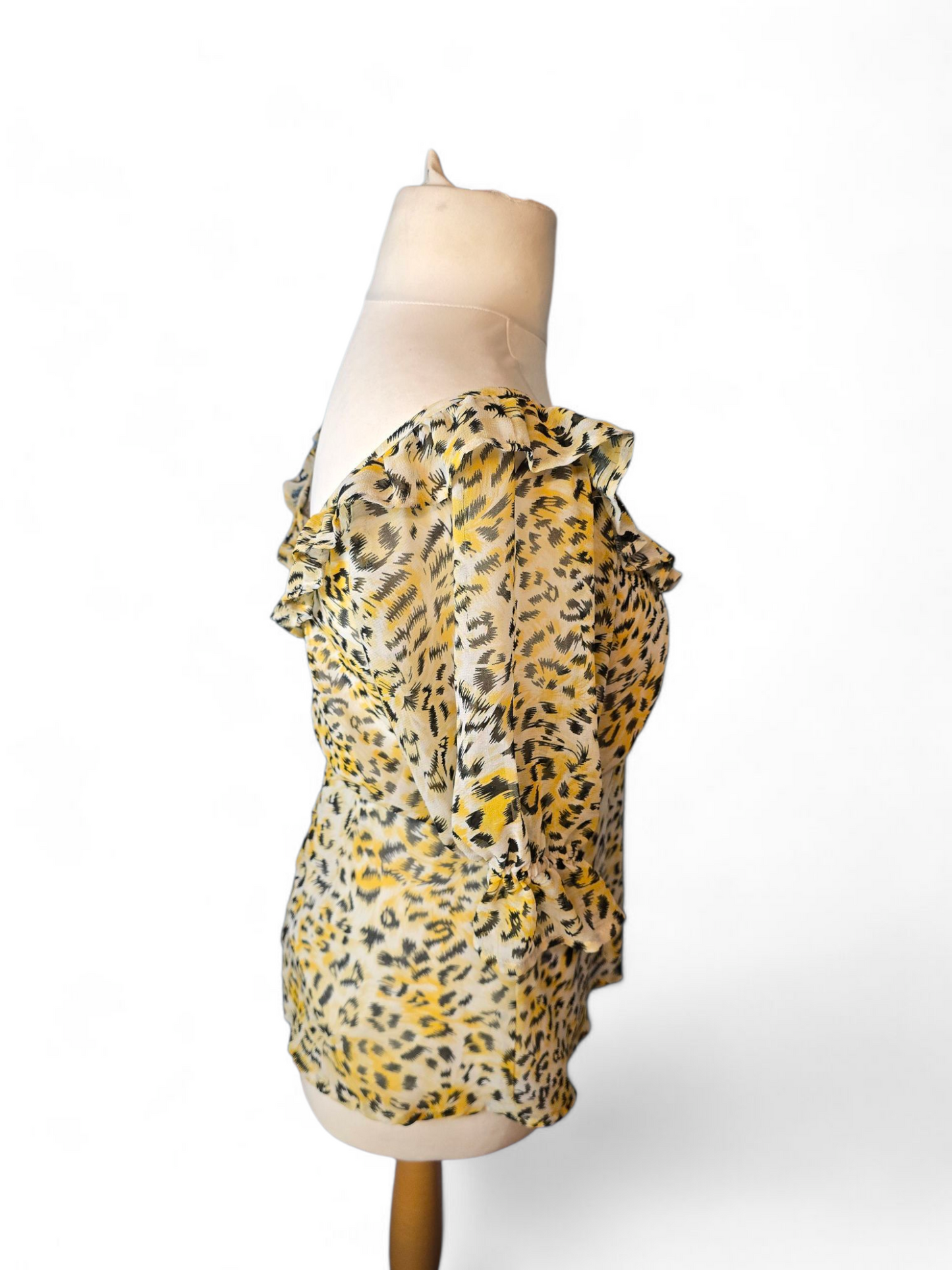 ASOS Yellow & Black Leopard Print Top | Size 12 UK | V-Neck & Sheer Sleeves