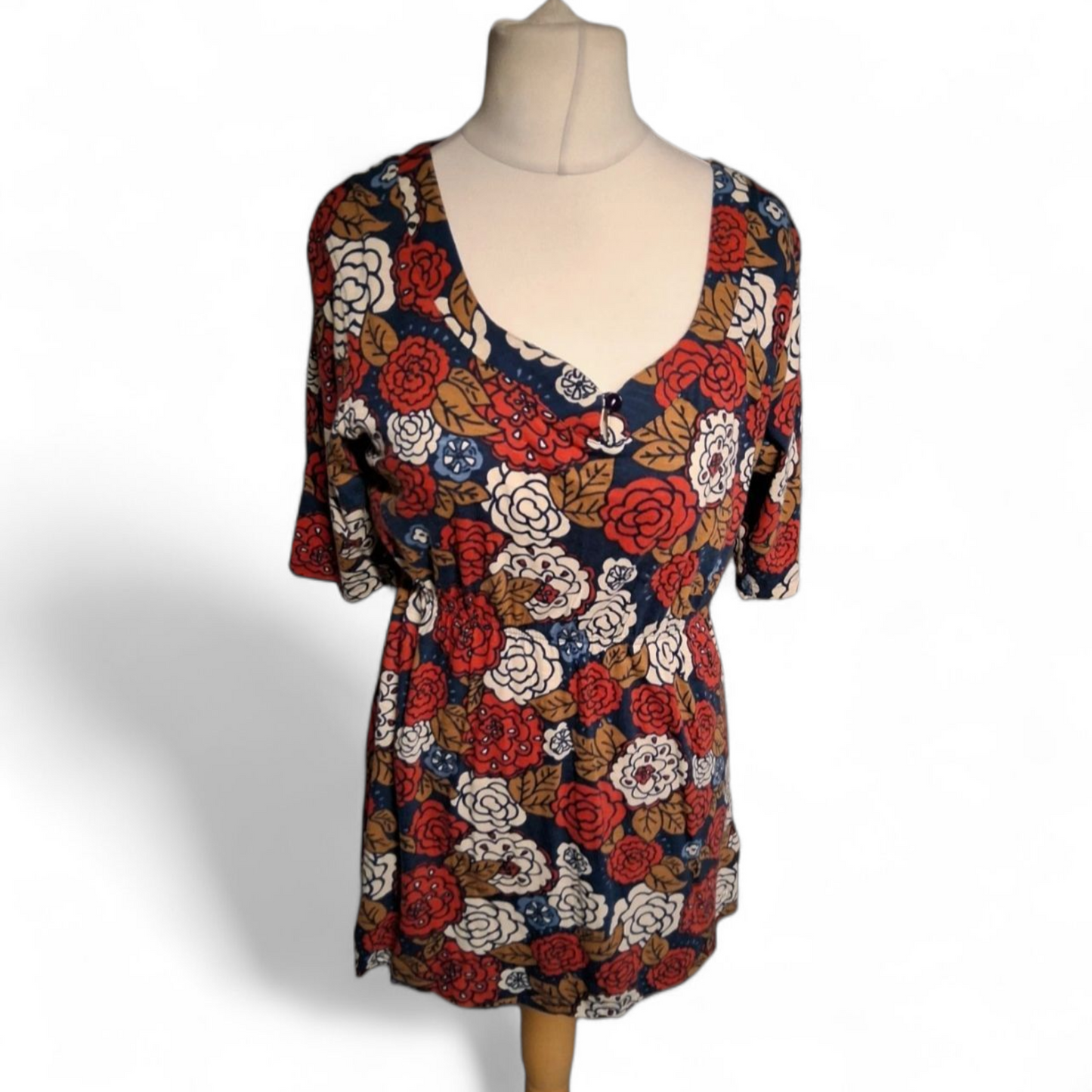 Weird Fish Navy Red & White Floral Tunic Top – Size 14 – ¾ Sleeve Cotton Modal