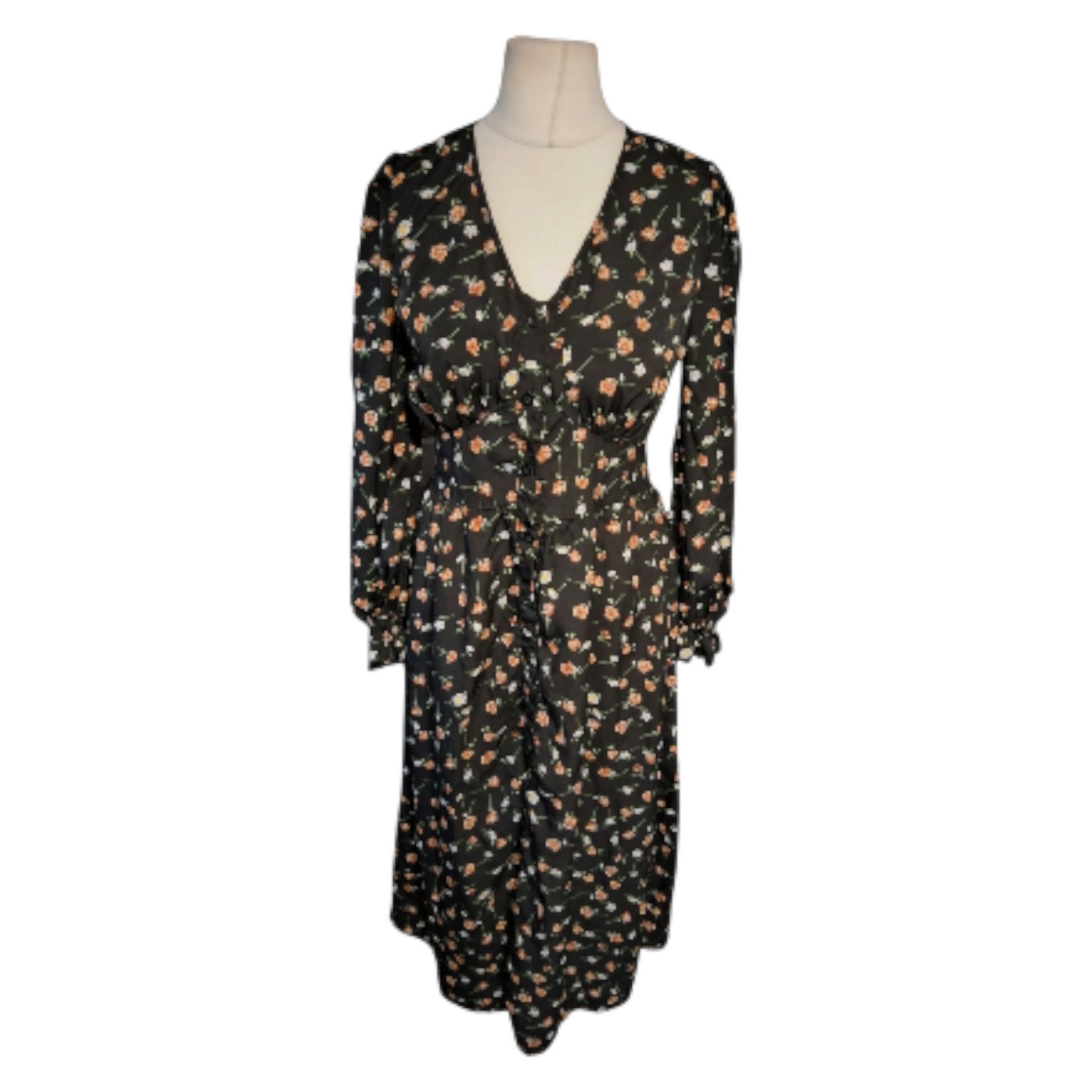 Shein Black Floral Midi Dress – Size M (UK size 10) – Button Front, Long Sleeves, Elastic Cuffs