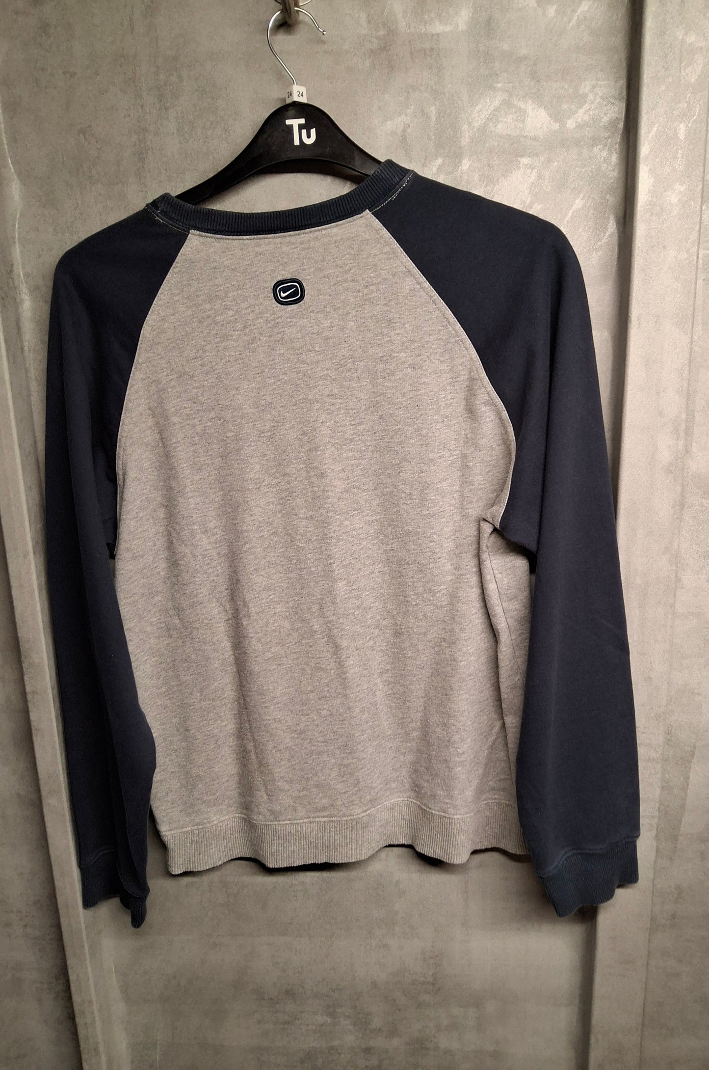 Men's Y2K Nike Grey & Navy Sweater – Small, Long Sleeve, Crew Neck, Logo Front, Sporty Retro Fit