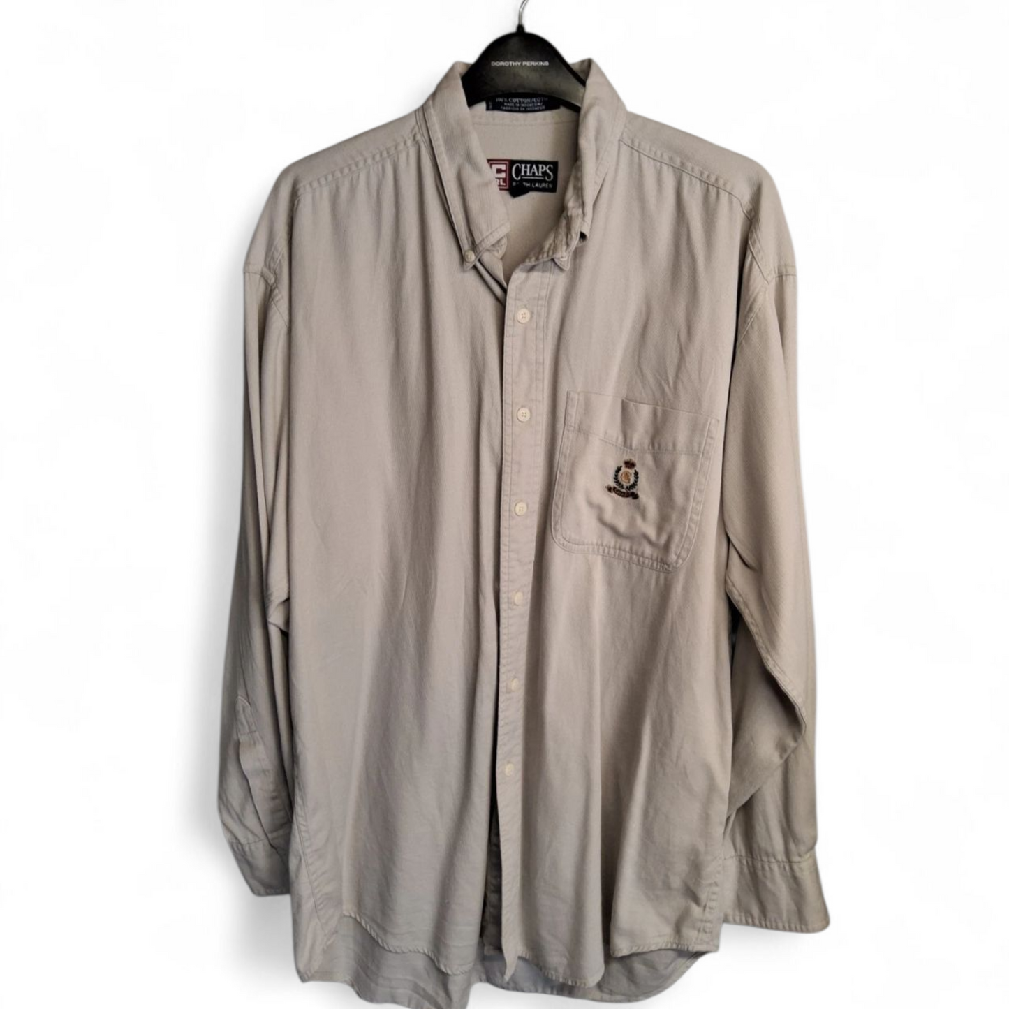 Vintage 90s Ralph Lauren CHAPS Beige Shirt | Size M | Long Sleeve Cotton Logo