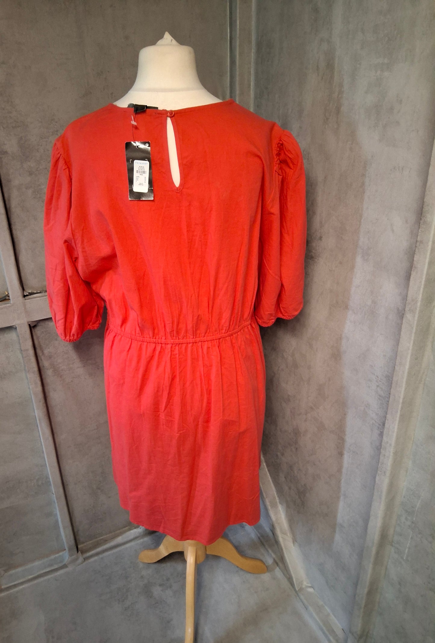 Primark Red Linen Blend Puff Sleeve Cut-Out Dress – Size 20