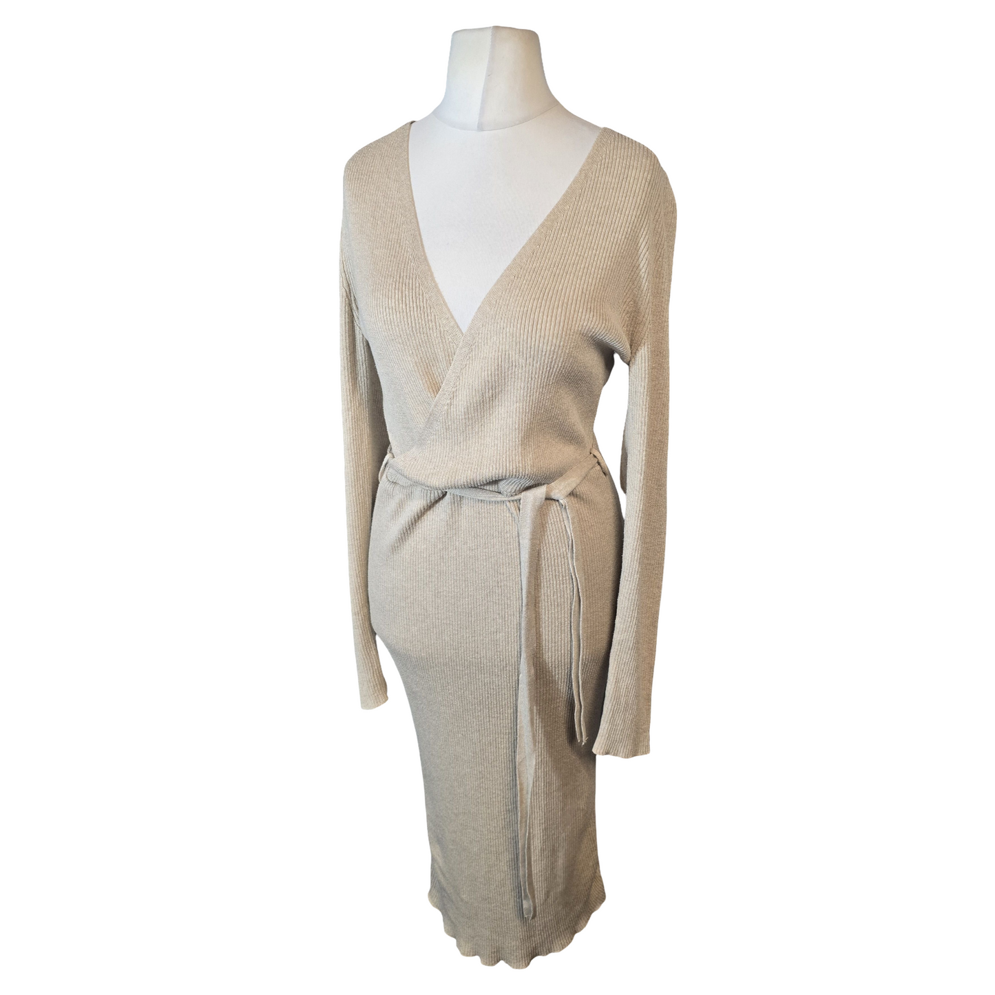 George Beige Ribbed Wrap Midi Jumper Dress ā Size 12/14