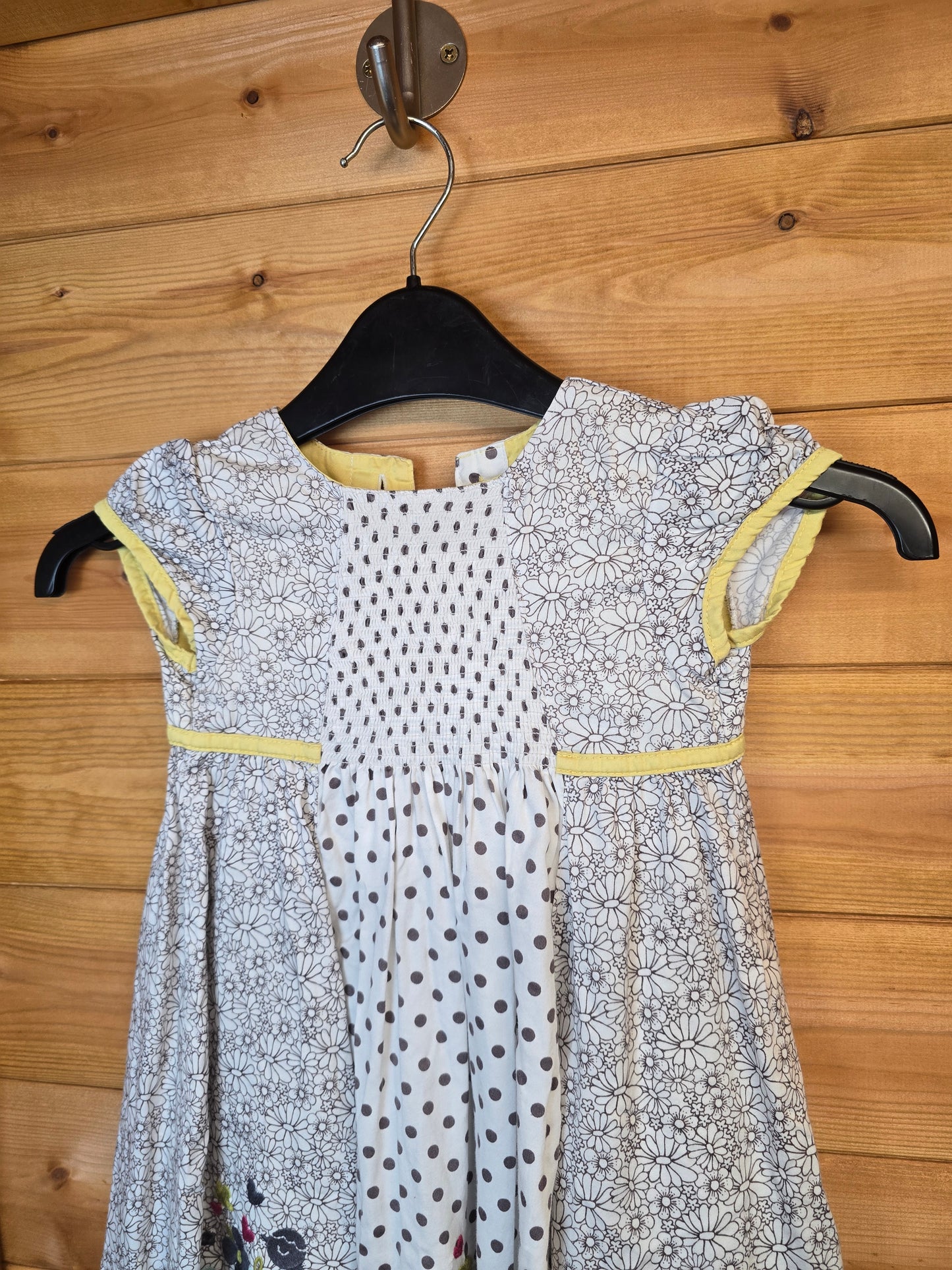Marks & Spencer Girls' White, Yellow & Brown Floral Polka Dot Dress – Short Sleeves, Elastic Front
