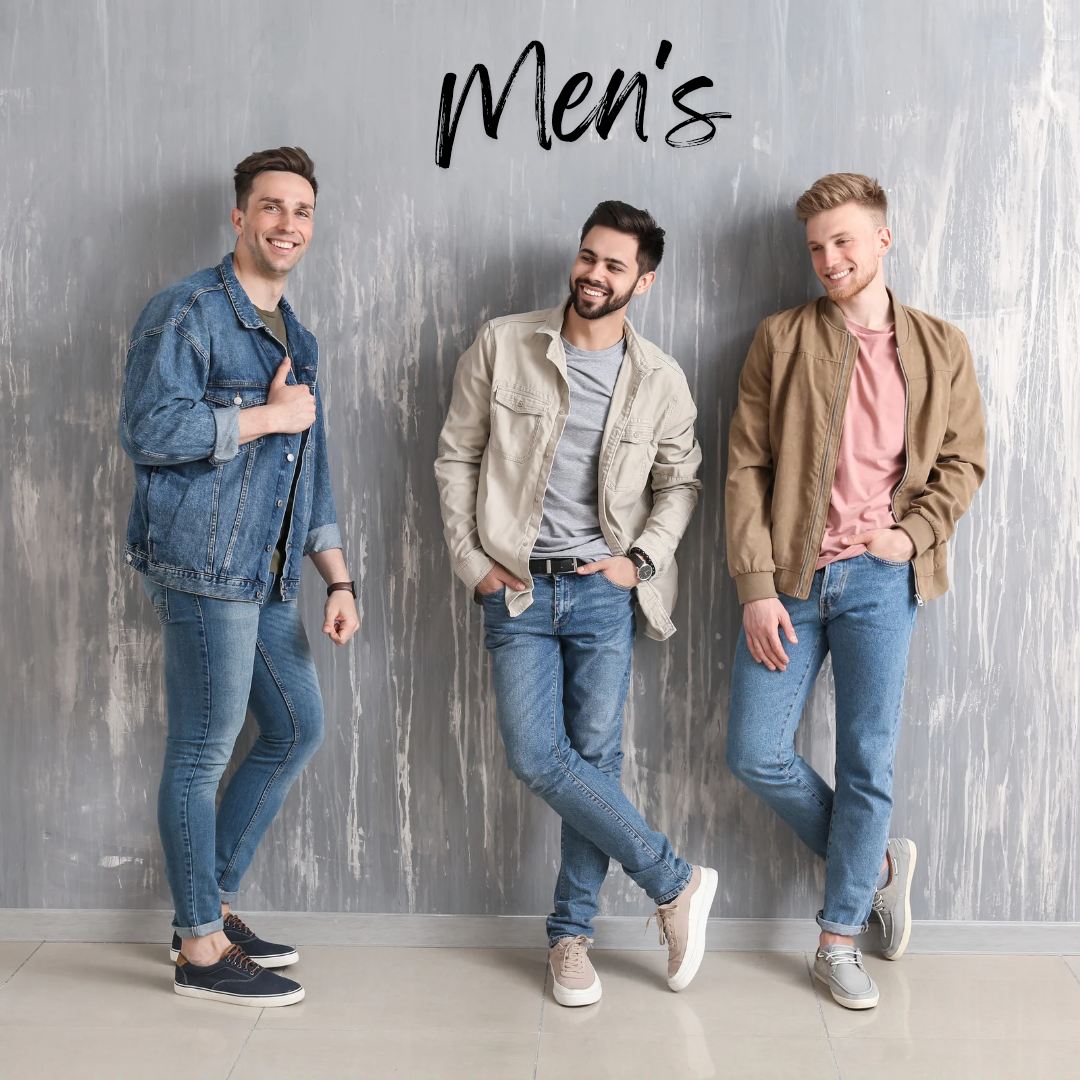 “Three men in casual denim and jackets – secondhand men’s clothing UK”