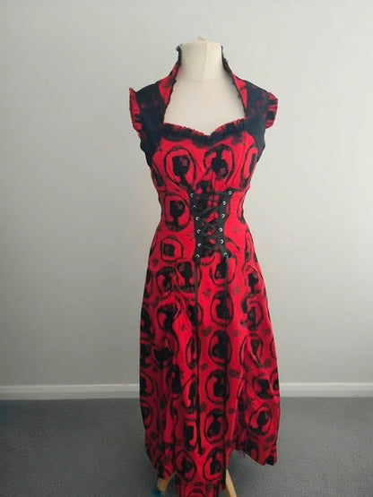 Jawbreaker Red & Black Gothic Cameo Print Corset Midi Dress – S Size  8–10