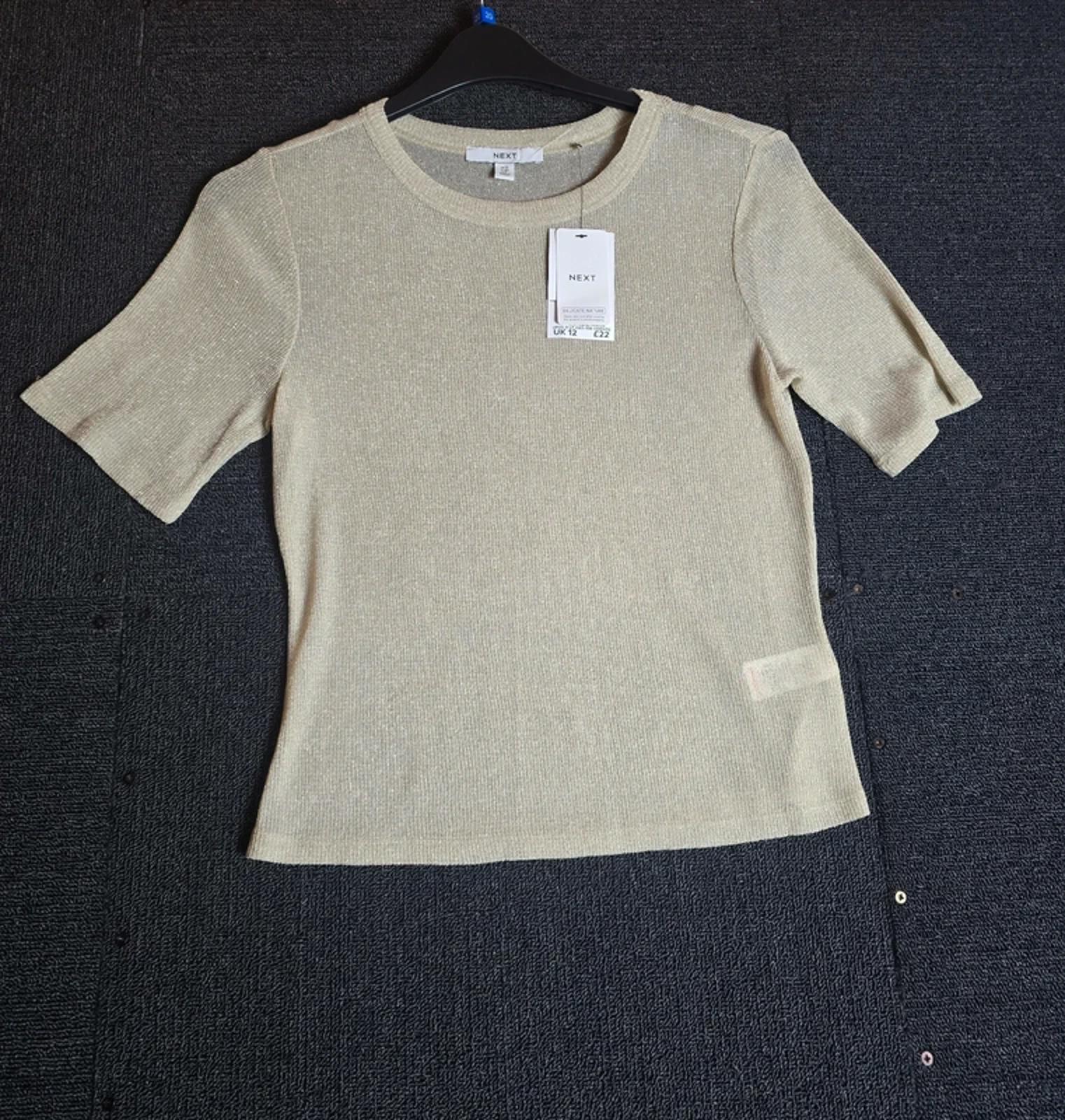 Next Gold Glitter Knit Top Size 12 Short Sleeve Round Neck New
