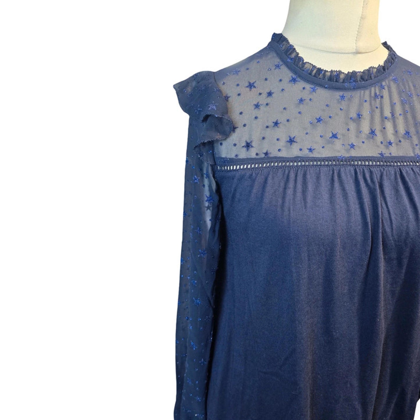 FatFace Navy Glitter Star Top Size 8 Sheer Sleeve Weekend