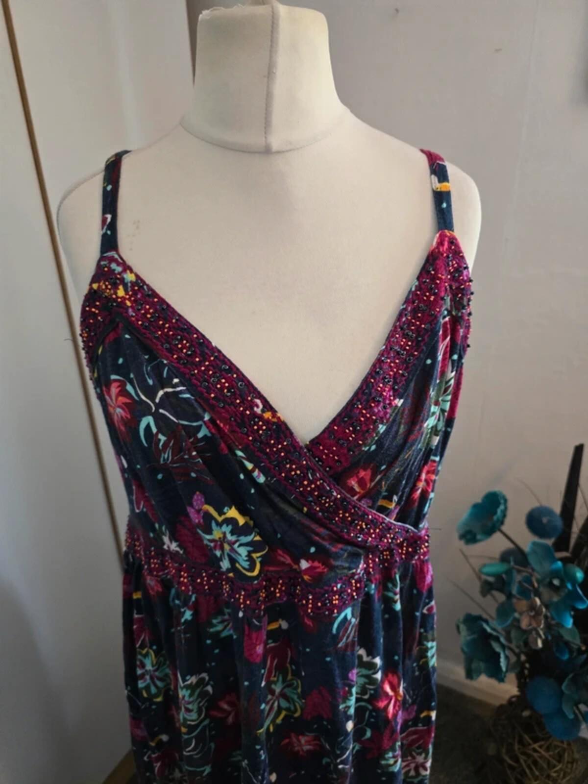 Manterey Multicoloured Floral Bird Cotton Embellished Dress Size 18