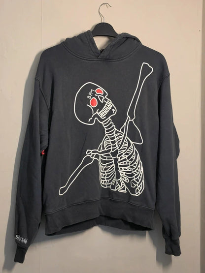 Broken Planet Market Dark Grey Skeleton Graphic Hoodie Mens XS Cotton Streetwear