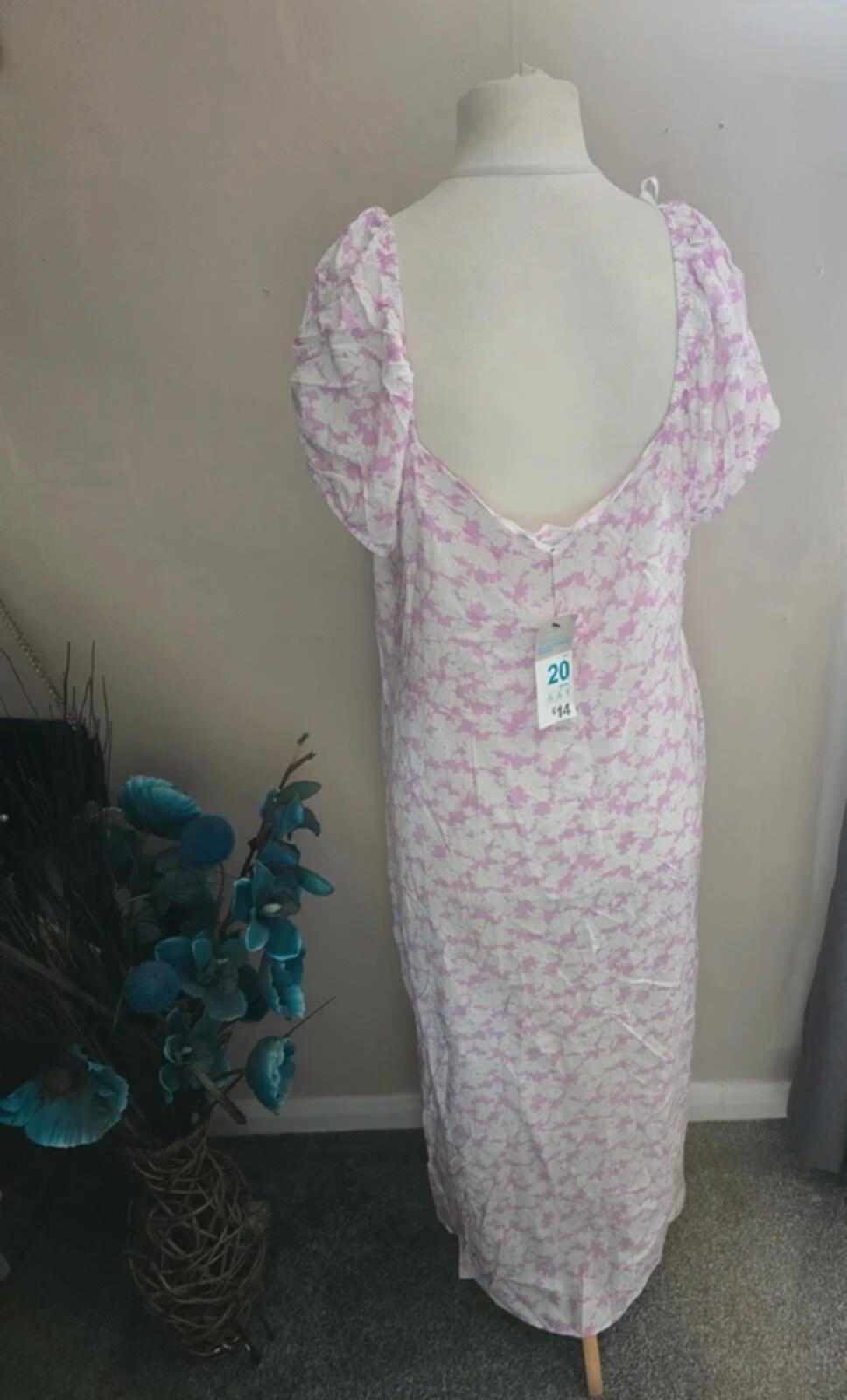 Primark Pink & White Patterned Off The Shoulder Midi Dress Front Slit Size 20