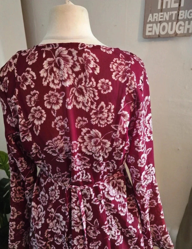 Brave Soul Burgundy Floral Dress Flared Sleeves - Size 10/12