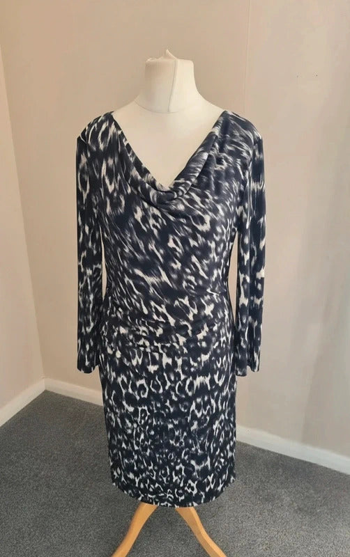 Fenn Wright Manson Women's Black & White Patterned Ruched Midi Dress Size 14