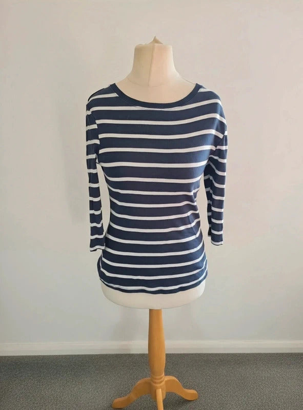Matalan Navy & White Striped Fitted T-Shirt Size 10 3/4 Sleeve Cotton Top