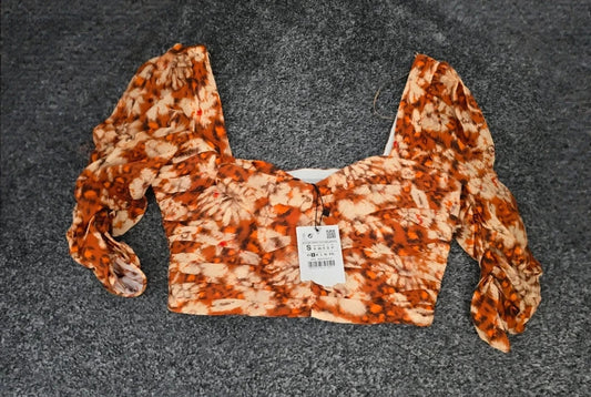 Zara Orange Patterned Ruched Crop Top Size S Fits Size 8-10