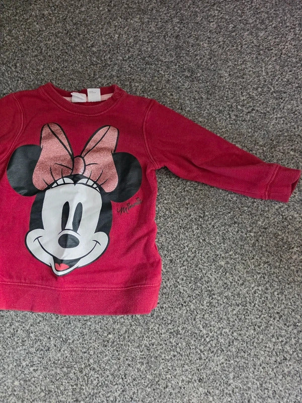 H&M Disney Baby Girls Red Minnie Mouse Glitter Bow Sweatshirt Jumper 9-12 Months