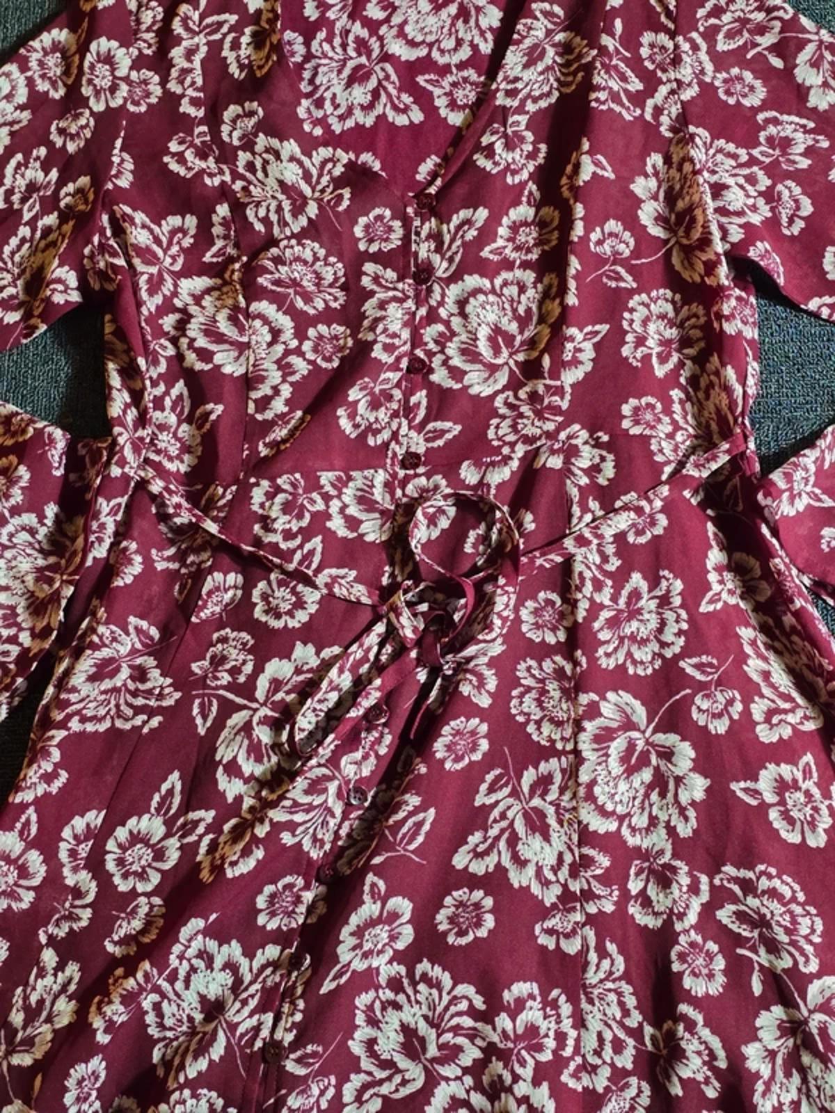 Brave Soul Burgundy Floral Boho Dress UK Size 10/12 Belted Flared Sleeves
