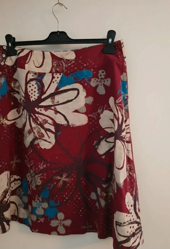 White Stuff Reversible Skirt 10 Blue Cream Bird Print Burgundy Floral 100 Cotton