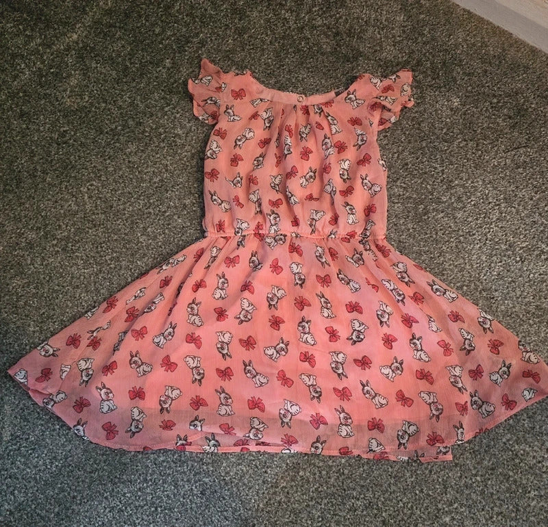 Kiki & Koko Girls Pink Rabbit Bow Frilly Flared Lined Summer Dress Size 5-6 Years