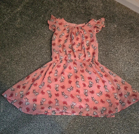 Kiki & Koko Girls Pink Rabbit Bow Frilly Flared Lined Summer Dress Size 5-6 Years
