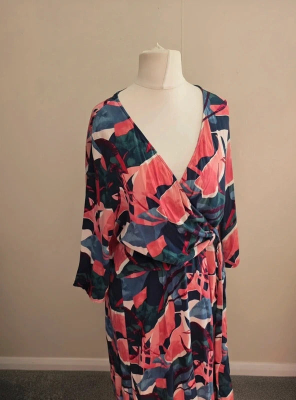 Ulla Popken Multicoloured Abstract Floral V-Neck Wrap Midi Dress Size 22 (EU 50)