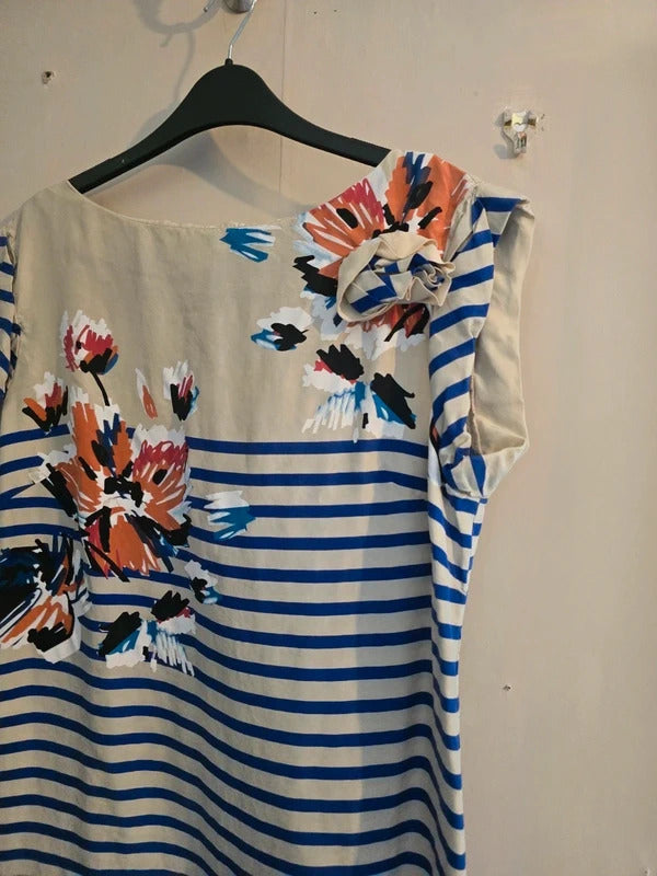 Derhy Cream & Blue Striped Floral 100% Silk Short Sleeved Knee Dress L Size 12