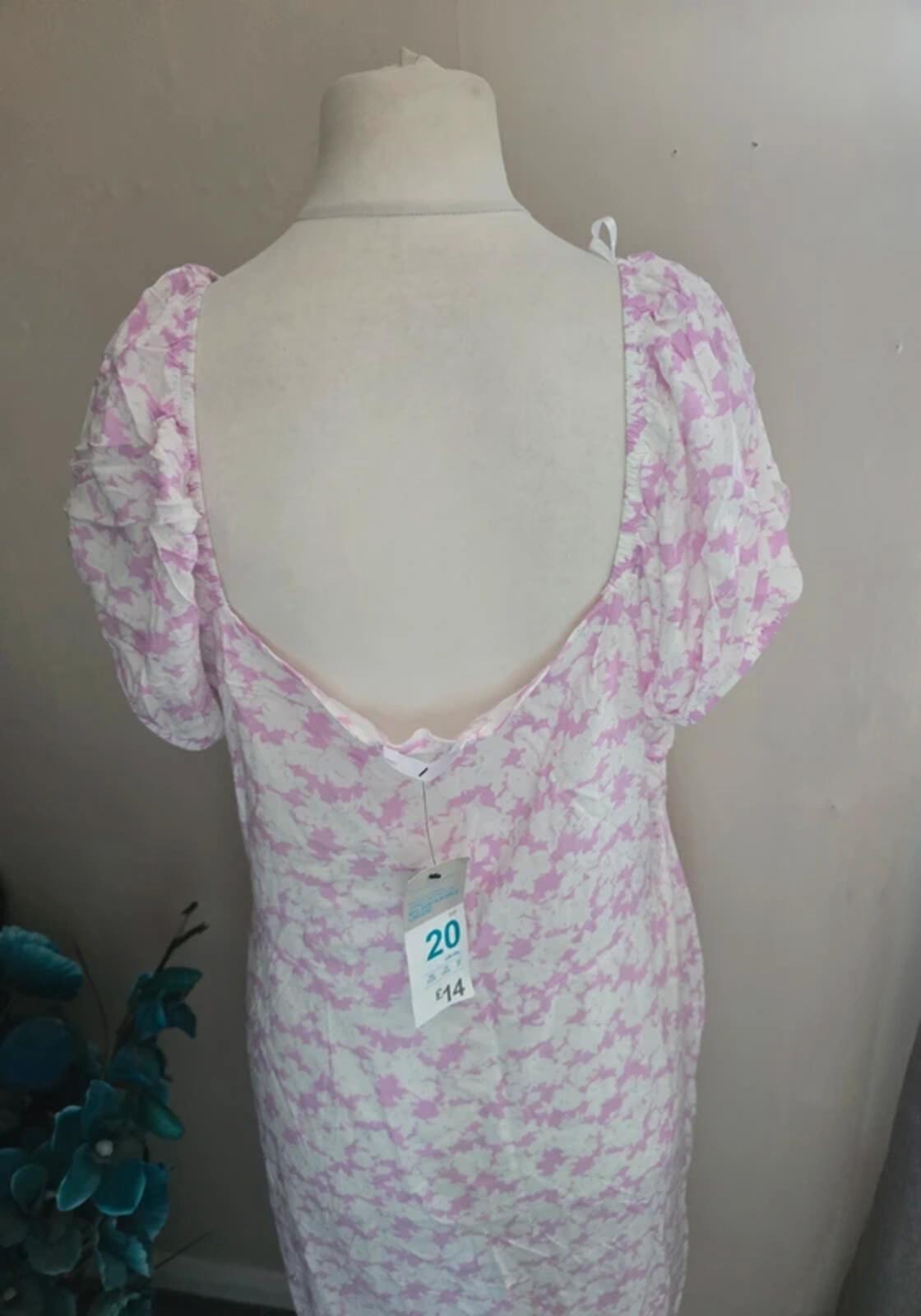 Primark Pink & White Patterned Off The Shoulder Midi Dress Front Slit Size 20