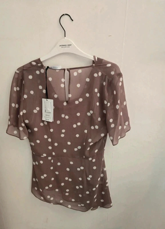 Jacques Vert Brown & White Polka Dot Chiffon Occasion Top Size 8 BNWT