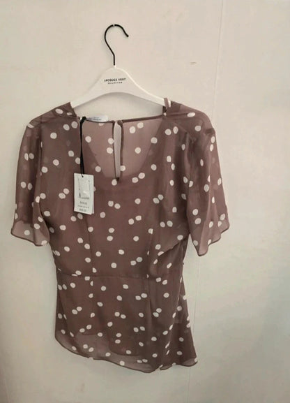 Jacques Vert Brown & White Polka Dot Chiffon Occasion Top Size 8 BNWT