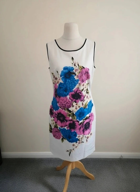 Debenhams Floral A-Line Dress Size 14 White Cotton Knee Midi Sleeveless